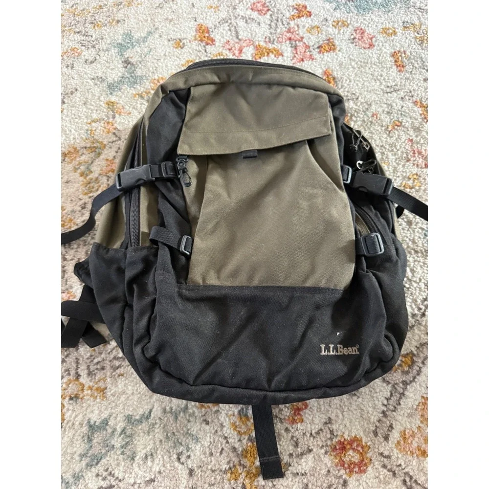 LL Bean Vintage Backpack Olive Green Black Canvas Laptop Sl Hiking Daypack Mens